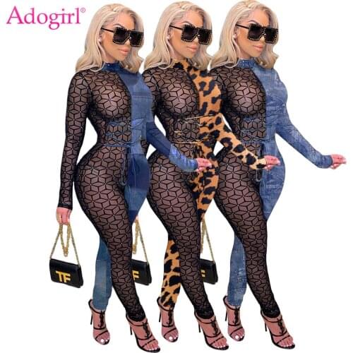 Adogirl Women Sexy Leopard Sheer Mesh Patchwork Tie Jumpsuit Turtleneck Long Sleeve Slim One Piece Overall Night Club Romper