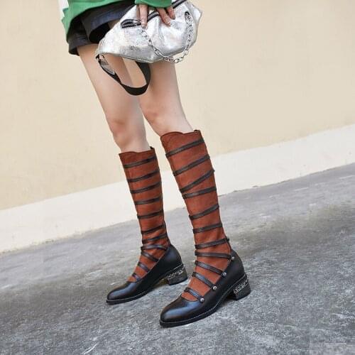 British fashion metal rivets show thin thin strap combination flat bottom high tube riding boots large 44 45 46 47 48