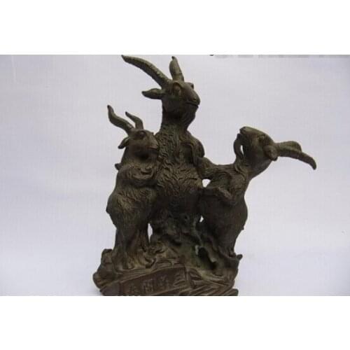 Fast shipping USPS to USA S0216 9"Chinese classic Pure Bronze Copper Fengshui Carved Three Sheep goat Statue