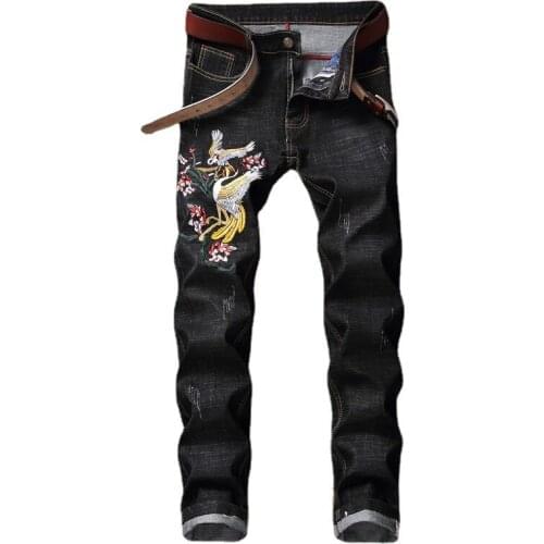 New Korean fashion personality jeans denim men embroidery flower tide brand hole trend retro style beggar feet trousers