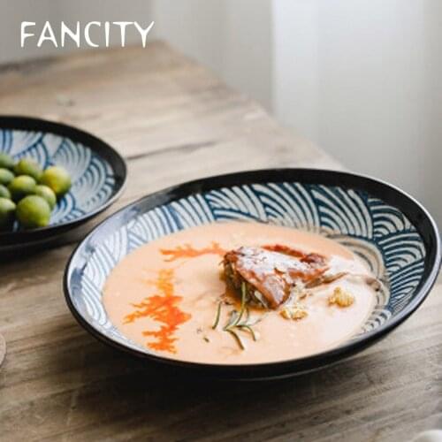 FANCITY Retro Japanese Rice Plate Ceramic Hand-painted Plate Home Creative Plate Breakfast Plate Salad Plate Irregular Deep