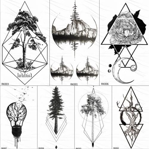 OMMGO Tgeometric Round Flora Emporary Tattoos Sticker Black Pine Tree Diamond Custom Tattoo Body Art Fake Tatoos Moon Mountain