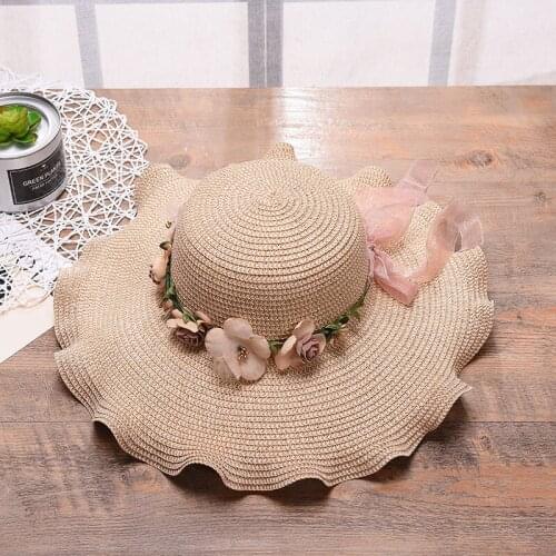 Summer Wavy Edge Solid Color Garland Foldable Large Brimmed Hat Outdoor Sun Protection Sun-shade Straw Hat Beach Hat for Women