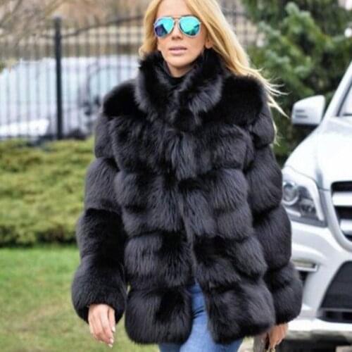 Fashion Winter Coat Women Luxury Faux Fox Fur Coat Plus Size Women Stand Fur Collar Long Sleeve Faux Fur Jacket fourrure Y494