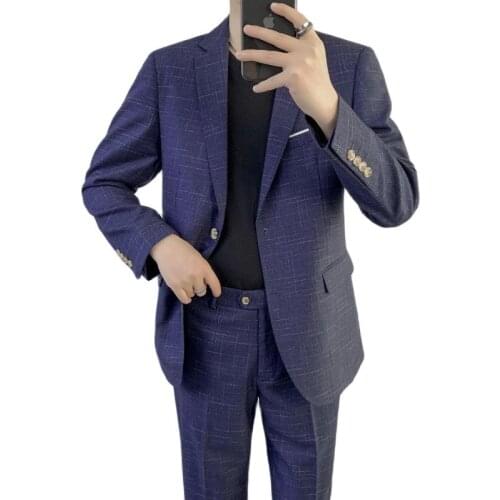 Jacket + Pants ) Formal Business Plaid Suit for Mens Fashion Boutique Slim Bridegroom Wedding Dress Suit 2 Pces Set