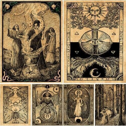 Witch Alchemy Wall Art Canvas Painting Ghost, Fallen Angel, Sun And Moon Goddess Retro Poster And Print Decoration Unframed