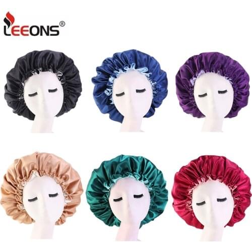 Leeons Solid Women Satin Bonnet For Curly Hair Reversible Satin Bonnet Hair Caps Double Layer Adjust Sleep Night Cap Hair Sleep