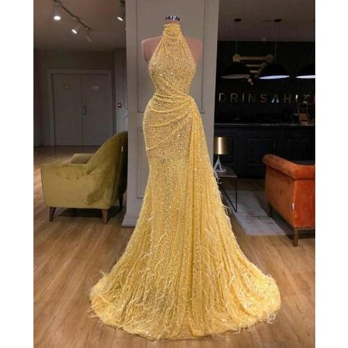 2020 Yellow Mermaid Arabic Prom Dresses High Collar Sleeveless Sexy Evening Gowns Backless Sweep Train Formal Party Dress robes