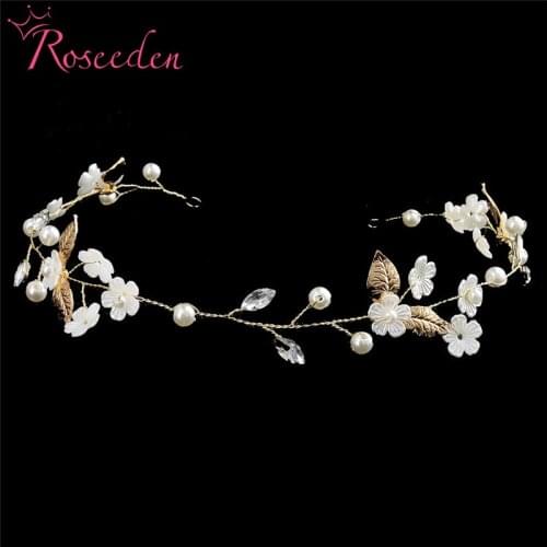 Gold Handmade Floral Pearl Wedding Headband Bride Hair Jewelry delicate Bridal Headwear Decoration Headpieces Party RE3339