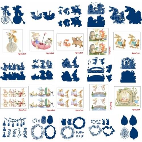 Cartoon Fox Rabbit Bear Mix Funny Animals Wearth Tree Leaves Metal Cutting Dies Combine Paper Jam Make Cards Scrapbook Craft New