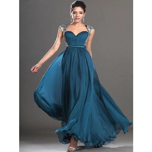 Blue Evening Dresses A-line Cap Sleeves Chiffon Sequins Long Dubai Saudi Arabic Evening Gown Prom Dresses
