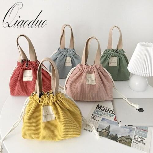Qiaoduo Lunch Bag Corduroy Canvas Lunch Box Drawstring Picnic Tote Eco Cotton Cloth Handbag Dinner Container Food Storage Bags