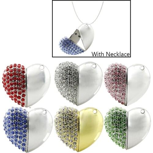 USB 2.0 Crystal Diamond Love Heart Usb Flash Drive Memory Stick Hearts Necklace Pendrive 4GB 8GB 16GB 32GB 64GB Jewelry Gift