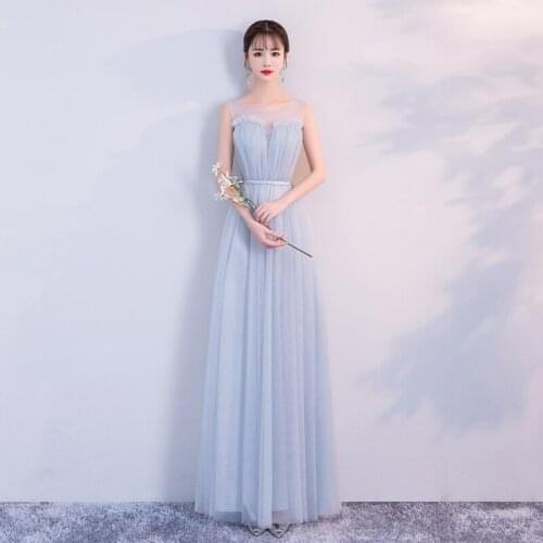 Grey Long Sisters Wedding Banquet O-Neck A-Line Sleeveless Floor-Length Tulle Tank Illusion Evening Dress Vestidos De Festa