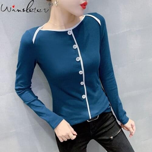 New 2020 Peacock Blue T-Shirt Women Slash Neck Buttons Color Block Long Sleeve Slim Stretchy Tops Cotton Autumn Spring T010202A