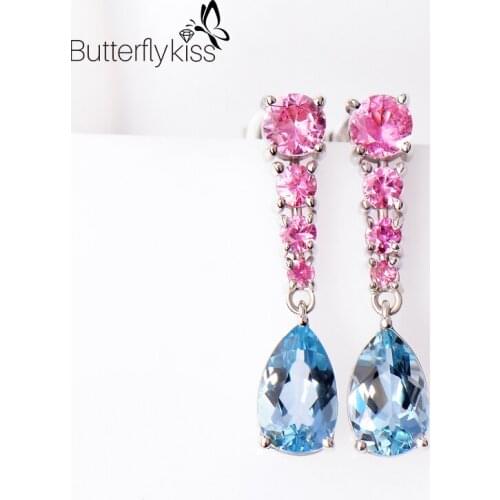 BK Genuine Gold 585 18k White Gold Stud Earrings For Women Water Drop Blue Pink Sapphire 21*4mm Anniversary Wedding Jewelry Gift