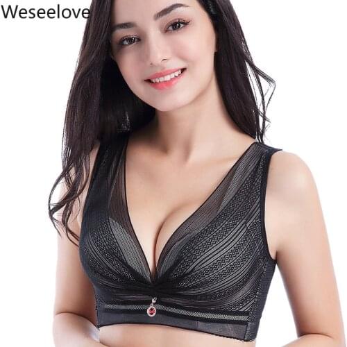 Weseelove Womens Plus Size Bra Without Steel Ring Large Cup Gathered Push Up Sexy Bras Adjustable Wide Shoulder Strap Thin M15