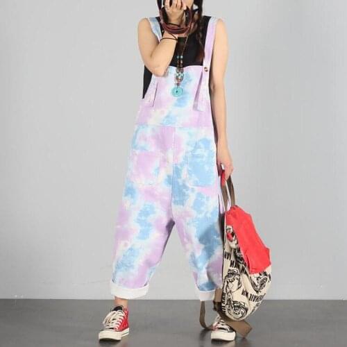 2020 Summer New Blooming Denim Overalls Women Loose Pants Large Size Fashion Printed Jumpsuit Women Streetwear