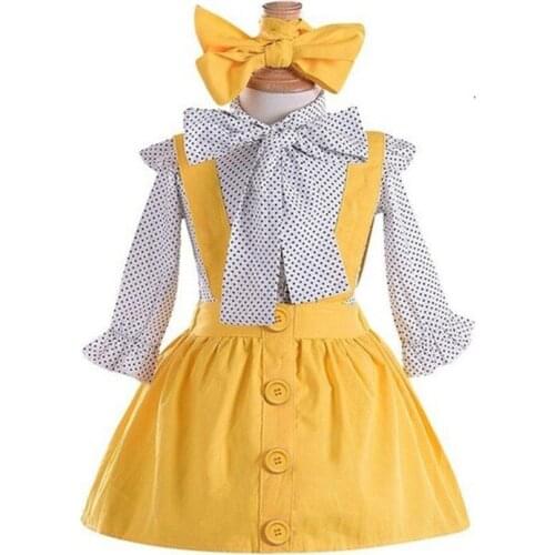 1-6Y Spring Summer Kids Baby Girls Clothes Sets polka Dot Long Sleeve Shirt +Strap Skirt + Headband Girl Outfits Suits Clothing