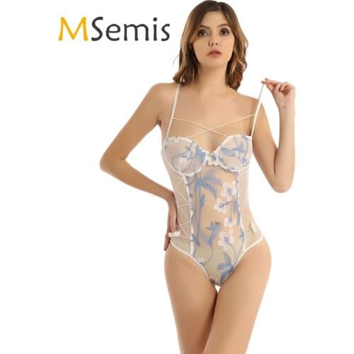 Womens Erotic Sexy Floral Butterfly Embroidery See-through Mesh Backless Lingerie Bodysuits Lace-up Sheer Leotard Costume