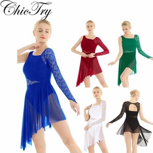 Women Adults Long Sleeve with Fingertip Lace Bodice Asymmetric Leotard Tutu Dress for Lyrical Modern Contemporary Ballet Dance