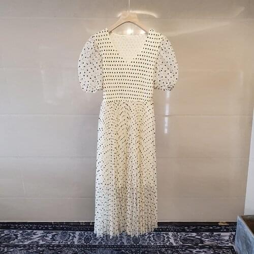 New Runway High Quality Summer Polka Dot Elastic Mesh Womens Dress Slim Lace Luxury French Vintage Sweet Dress Vestidos