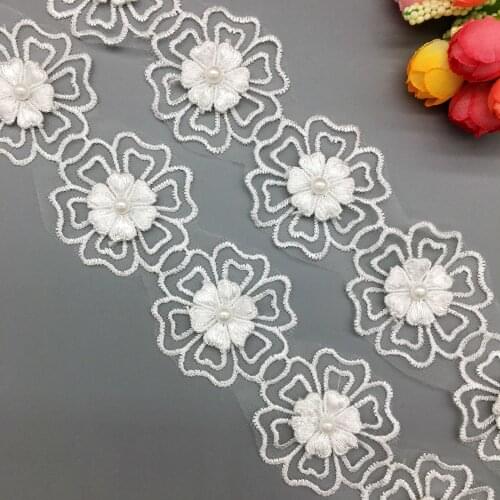 2Yard 2-Layer Flower Pearl Lace Trim Rhinestone Applique Trimmings Ribbon French Fabric Embroidered Wedding Dress Sewing Craft
