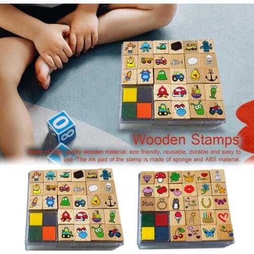 26pcs Wooden Stamps Crafting Cartoon Pattern Stamps With Ink Pad Seal Building Block Toy Cartoon Cute Pattern Children Gift Box