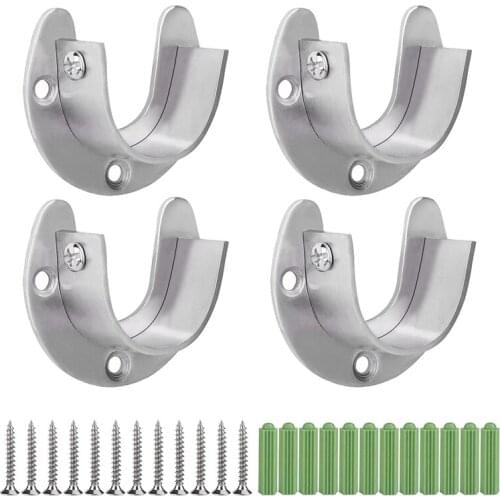 4 Pcs Stainless Steel Hanging Rod Bracket U Shaped Curtain Rod Bracket, Heavy Duty Round Tube Sockets With Screws (25Mm)