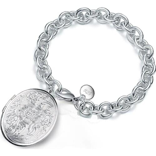 Free Shipping Low Price 925 Sterling Silver Chunky Chain Flower Photo Locket Bracelet for Lovers Memory Valentines day Gift
