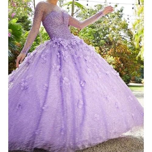 Sparkly Lilac Quinceanera Dresses 2021 Long Sleeve Lace 3D Flowers Sequins Beads Rhinestone Princess Party Sweet 15 Ball Gown