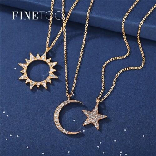 Bohemian Sun Star Crescent Moon Necklace for Women Fashion Geometric Bling Crystal Pendant Necklace Collares Jewelry