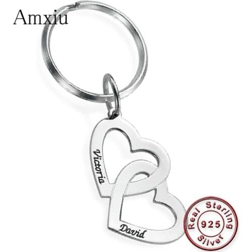 Amxiu Customized Two Names Key Chains Personalized 925 Sterling Silver Heart Pendant Keychain For Women Men Bag Keys Accessories