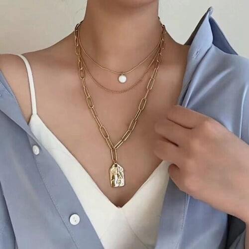 VKME Trendy Pearl Gold Multi Layer Chain Necklace For Women Vintage Bohemian Chains Geometry Pendant Choker Necklaces Jewelry