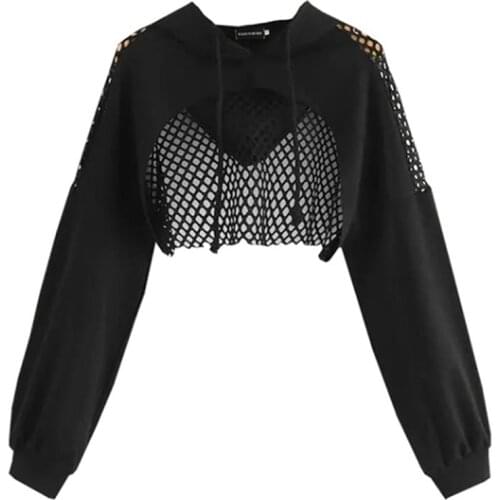 Black Hoodies for Women 2021 Hollow Out Crop Tops Mesh Patchwork Short Sweatshirt Long Sleeve Autumn Tops and Pullovers