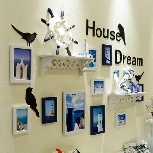 Living room photo wall photo frame wall creative combination of Mediterranean style Clock photo frame wall