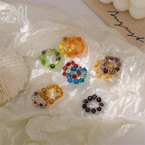ZN Korea Colorful Acrylic Small Flower Rings Splicing Elastic Translucent Round Beaded Finger Ring for Women Jewelry Gift