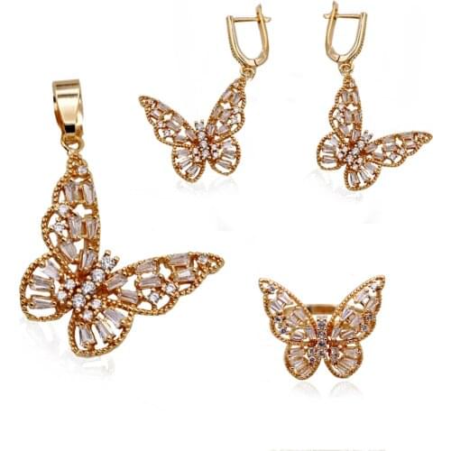 3pcs Gold Natural White Zircon Women Luxury Wedding Fashion Jewelry Sets accessories Butterfly Earrings Rings Necklace Pendant