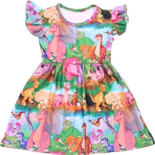 Cartoon Pattern Print Girls Summer Dress Toddler Girls Milk Silk Flutter Sleeve Kids Dresses for Girls Casual Clothes Wholesales