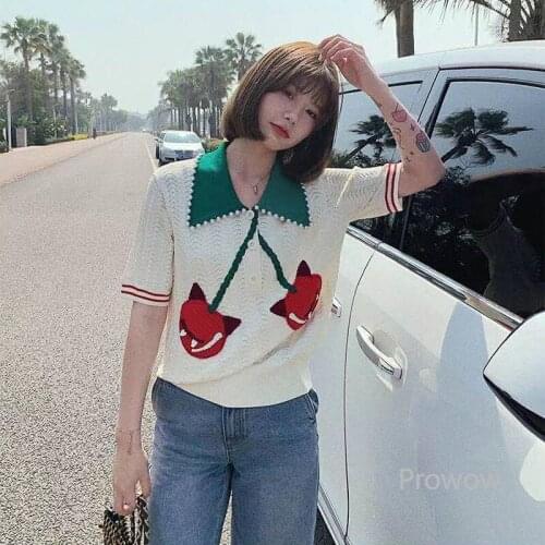 Sweet Cherry Embroidery T Shirt Girls Hollow Out Knitted Tops 2021 Summer Beaded Lapel White T Shirt Short Sleeve Sweater Shirts