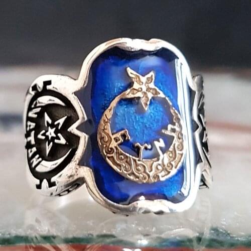 Crescent Detailes Turkish and Homeland Inscribed Silver Men 'S Ring
