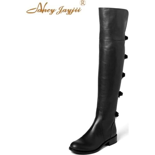NANCYJAYJII 2021 Winter Black Patent Leather Bow Over The Knee Boots Ladies Solid Plus Size 4-16 Round Toe Square Heel Shoes