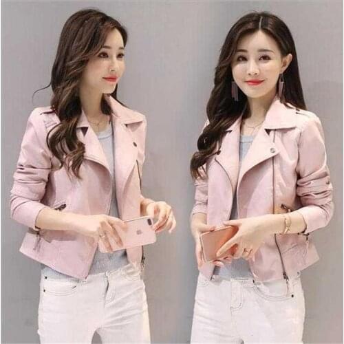 2019 new spring and autumn womens leather jacket womens short fashion slim pink pu small coat motorcycle leather jacket S-4XL