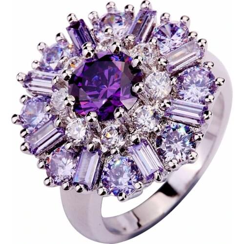 Lingmei Wholesale Exquisite CharmsFlower Purple Tourmaline White CZ Silver Color Ring Size 7 8 9 10 11 12 Alluring Women Jewelry