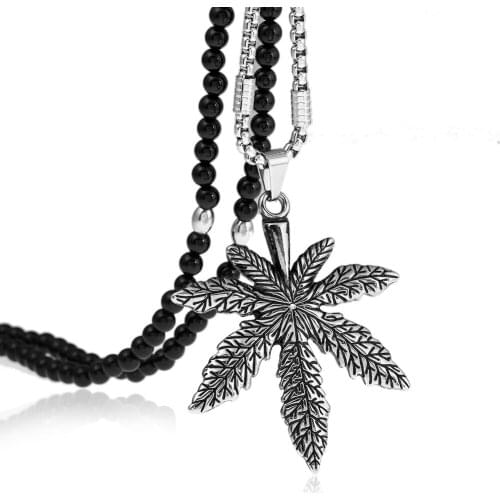 Maple Leaf Charm Necklace Stainless Steel Pendant For Men/Women Fashion Jewelry With Black Natural Stone Chain 26"
