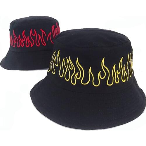 New High Quality Fashion Flame Embroidery Fisherman Caps Bucket Hats for Men Women Cotton Bucket Hat Sunscreen Female Sunhat