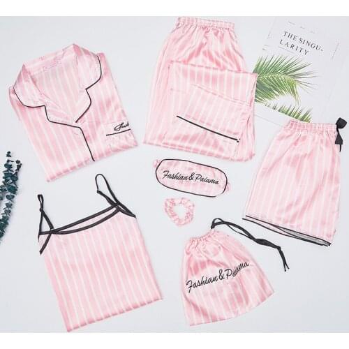 JULYS SONG 7 Piece Women Pajamas Set Spring Summer Stain Soft Pyjama Long Pants Women Nightwear Faux Silk Homewear Sleepwear