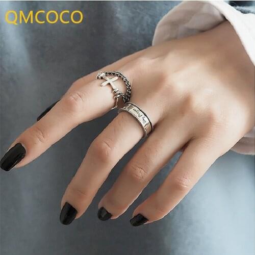 QMCOCO 925 Silver Letters Rings For Women New Style Trend Vintage Elegant Classic Design Cross Tassel Party Jewelry Gifts