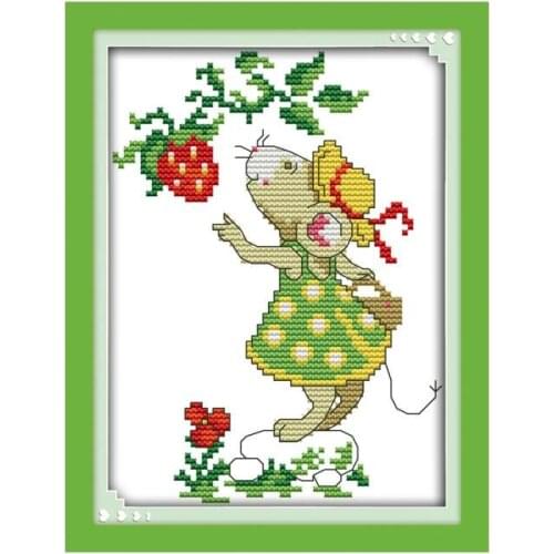 Joy Sunday Mouse and strawberry Cross Stitch Kits animal printed cloth Chinese embroidery counted needlework decoracion for home