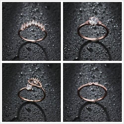 Rose Gold Crystal Round Bowknot Eye Wedding Rings for Women Luxury Elegant Alloy Zircon Engagement Rings Jewelry Party Gifts